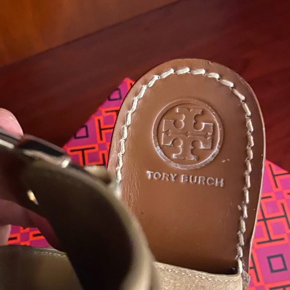 Tory Burch Suede Open-Toe Ankle Bootie in Taupe with Metallic Heel